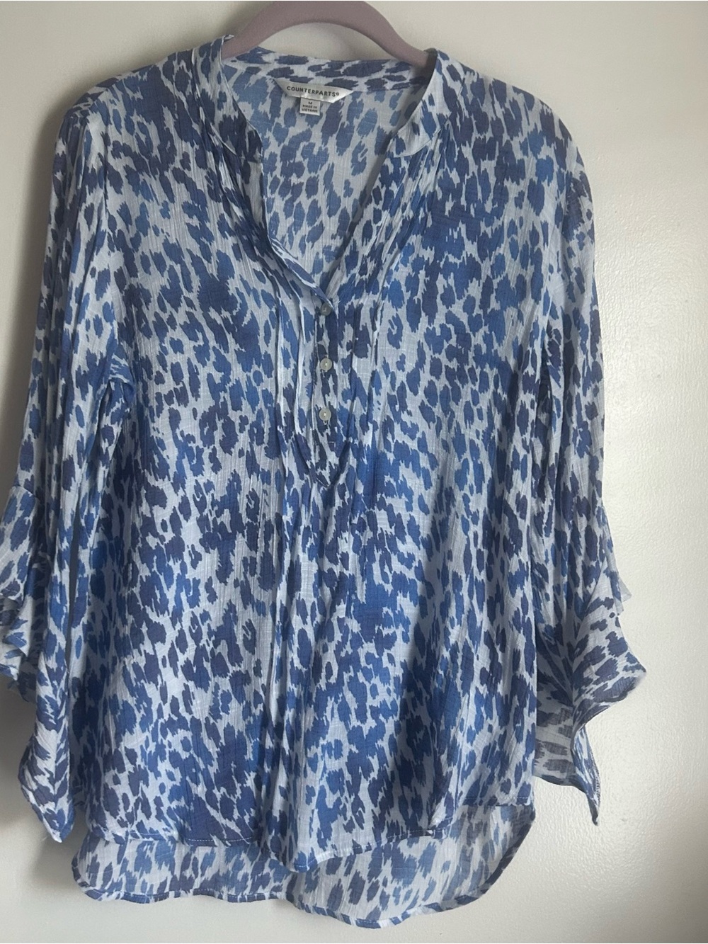 Counterparts Blue and White Printed Button-Front Blouse Size M